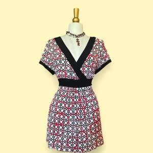 Vintage Y2K 2000s New Directions Geometric Faux Wrap Dress Red Black White XL